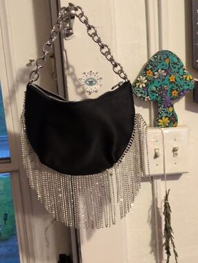 INC International Concepts Black Shoulder Bag w/ Silver Rhinestone &Fringe Chain